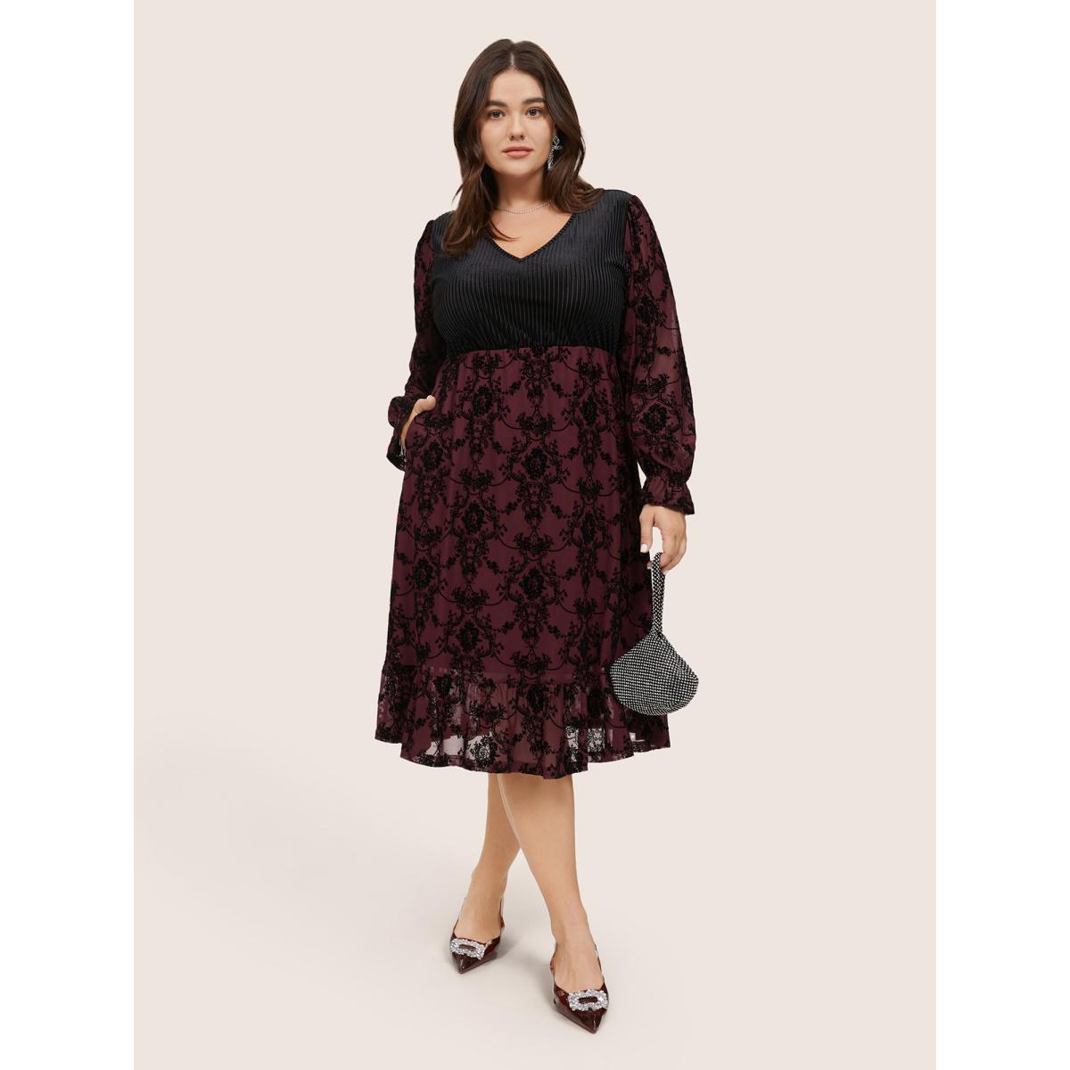 Plus Size Velvet Patchwork Geometric Pleated Dress Scarlet Women Elegant Texture V-neck Long Sleeve Curvy Midi Dress BloomChic 14-16/1X Product Image