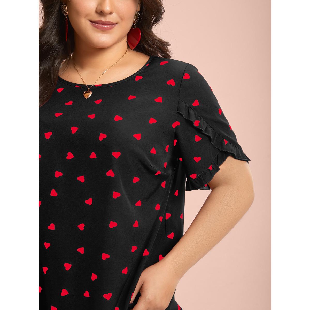 Plus Size Black Ruffled Overlap Sleeve Heart Pattern Blouse Women Elegant Short sleeve Round Neck Everyday Blouses BloomChic 28/5X Product Image