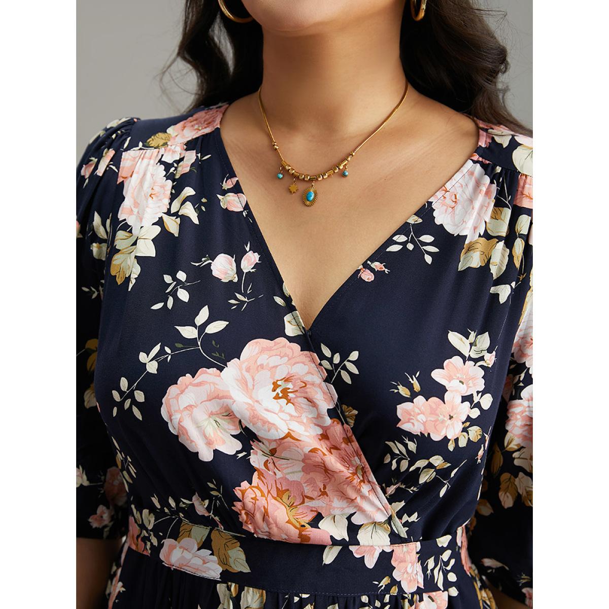 Plus Size Floral Print Pleated Ties Wrap Lantern Sleeve Dress DarkBlue Women Vacation Elastic cuffs Overlap Collar Half Sleeve Curvy Midi Dress BloomChic 14-16/1X Product Image
