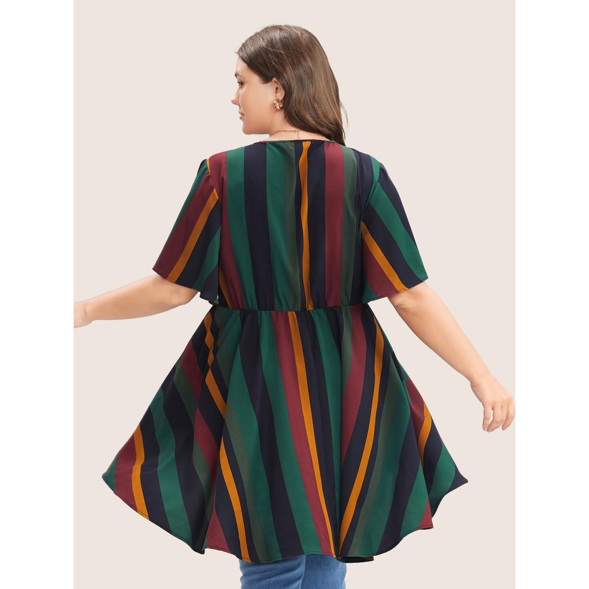 Striped Elastic Waist Plus Size Women Blouses Vacation Multicolor Bodycon Ruffle Sleeve Short Sleeve V Neck Dailywear Blouses BloomChic Product Image