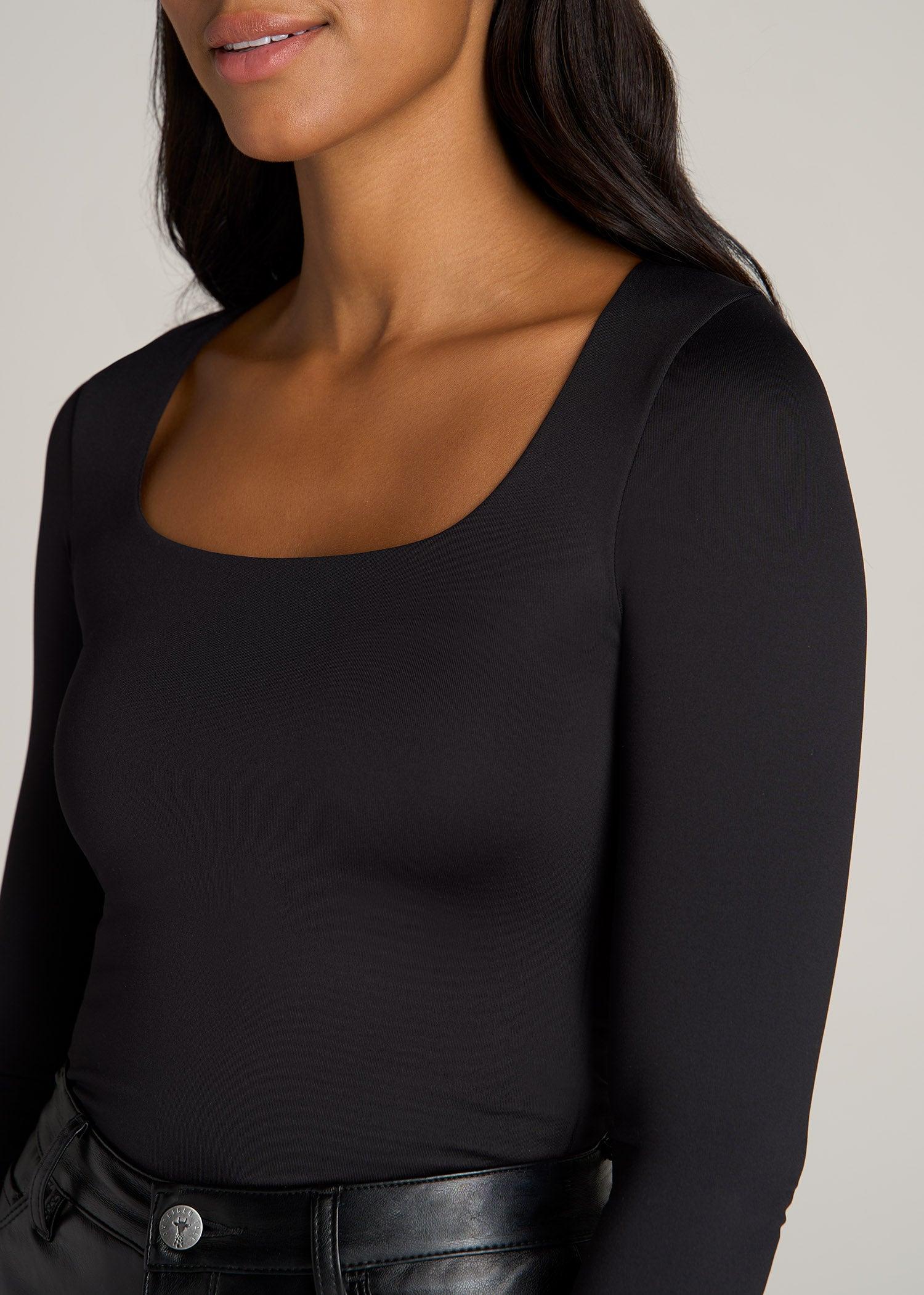 Long Sleeve Square Neck Bodysuit for Tall Women in Black Female Product Image
