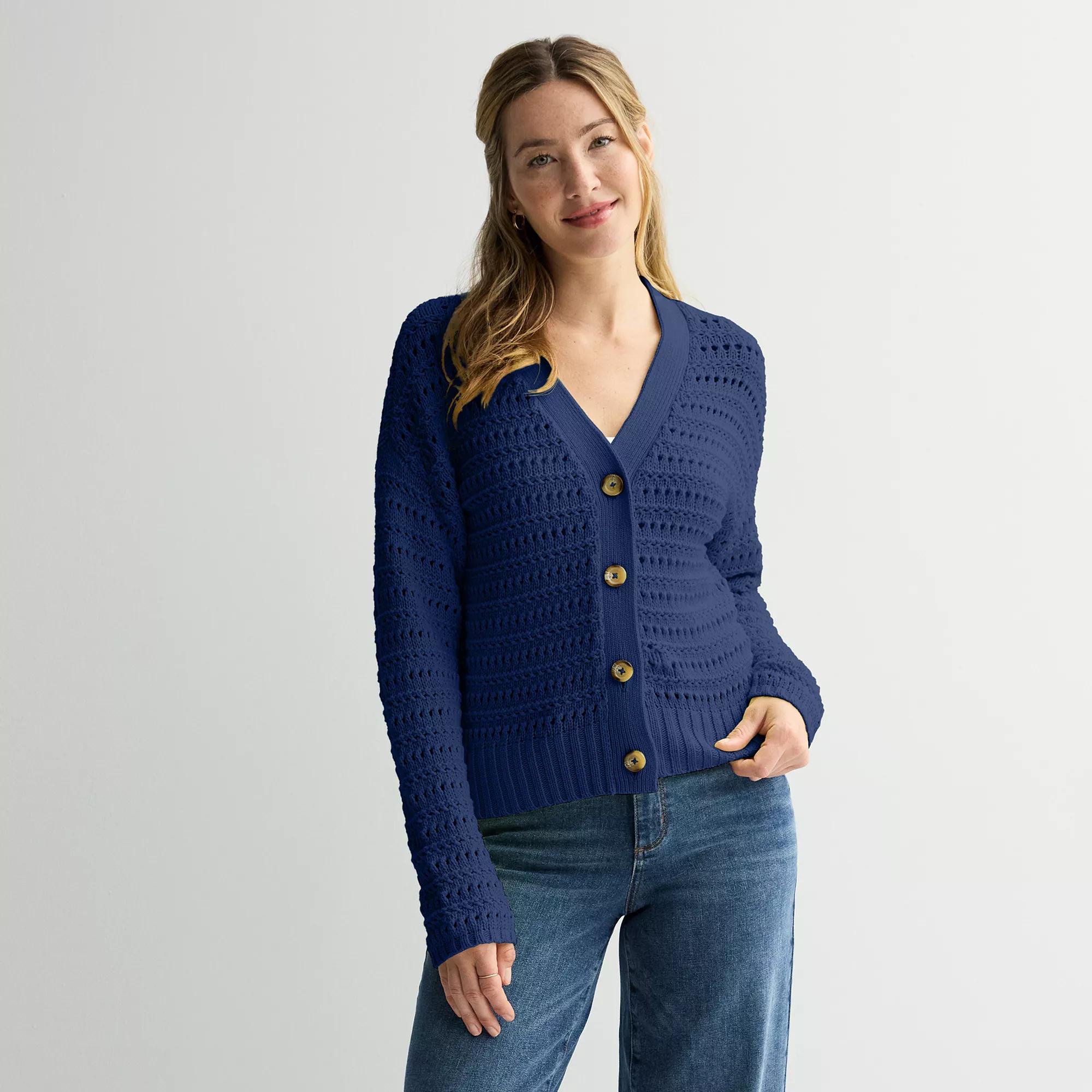 Petite Sonoma Goods For Life Open Stitch Cardigan, Women's, Size: Large Petite, Blue Beauty Product Image