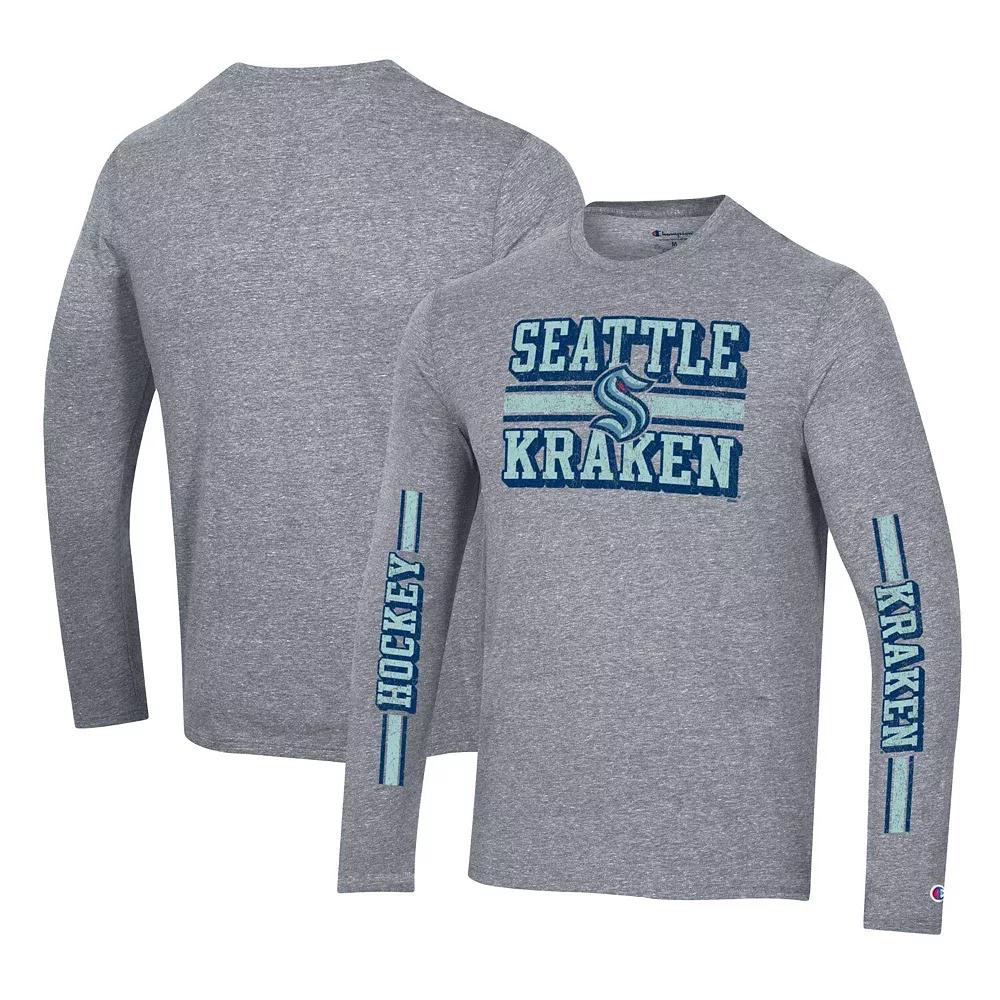 Men's Champion Heather Gray Seattle Kraken Tri-Blend Dual-Stripe Long Sleeve T-Shirt,  Product Image