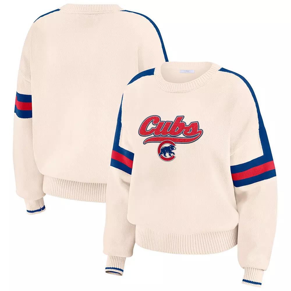 Women's WEAR by Erin Andrews  Cream Chicago Cubs Stripe Pullover Sweater, Size: 2XL, Beige Product Image