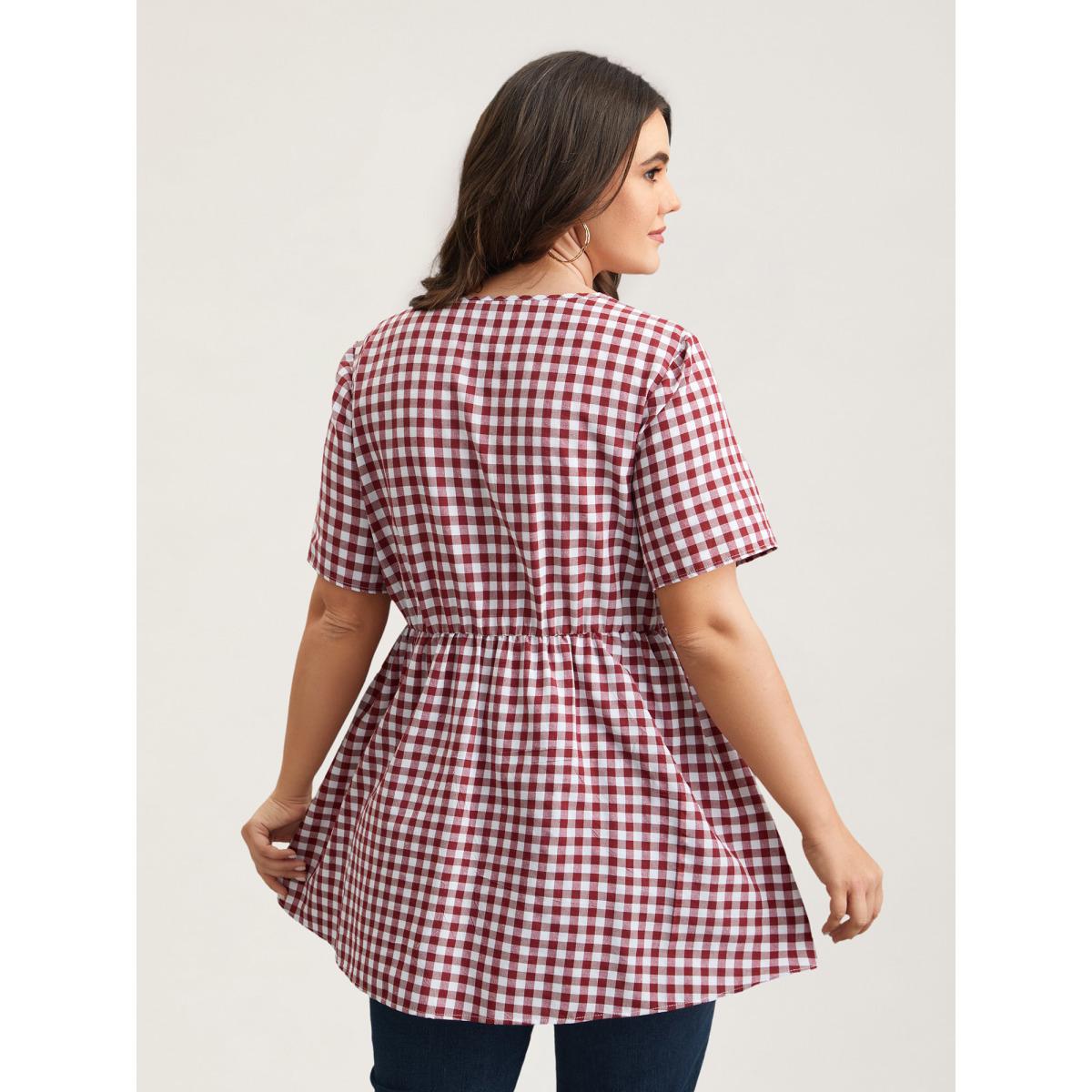 Plus Size Crimson Plaid Hi-Low Hem Button Shirt Women Casual Short sleeve V-neck Everyday Blouses BloomChic 22-24/3X Product Image