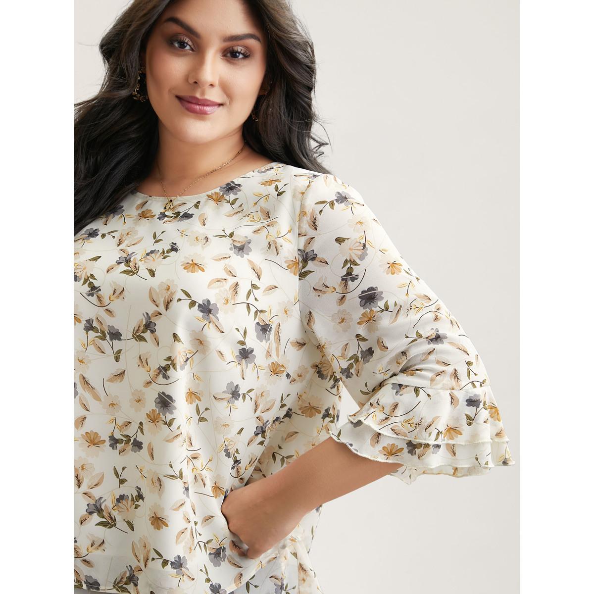Plus Size Ivory Chiffon Floral Print Layered Blouse Women Timeless Elbow-length sleeve Round Neck Elegant Blouses BloomChic 22-24/3X Product Image