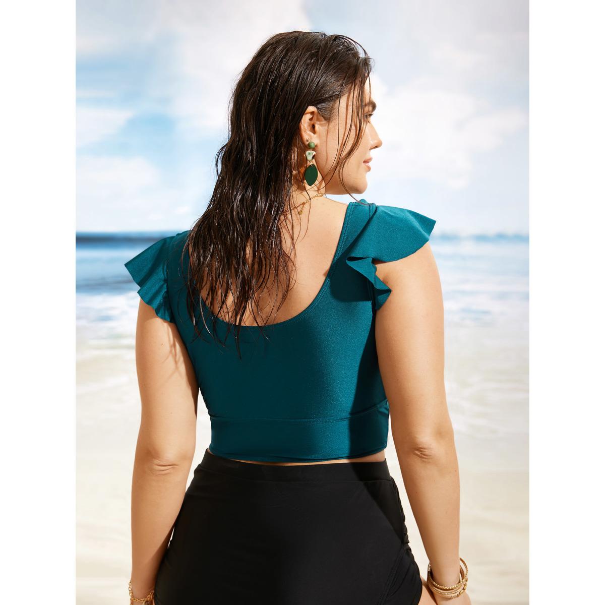 Plus Size Solid Wrap Ruffle Cap Sleeve Swim Top Women's Swimwear Cyan Beach Pleated High stretch Skinny Overlap Collar Curve Swim Tops BloomChic 30/6X Product Image