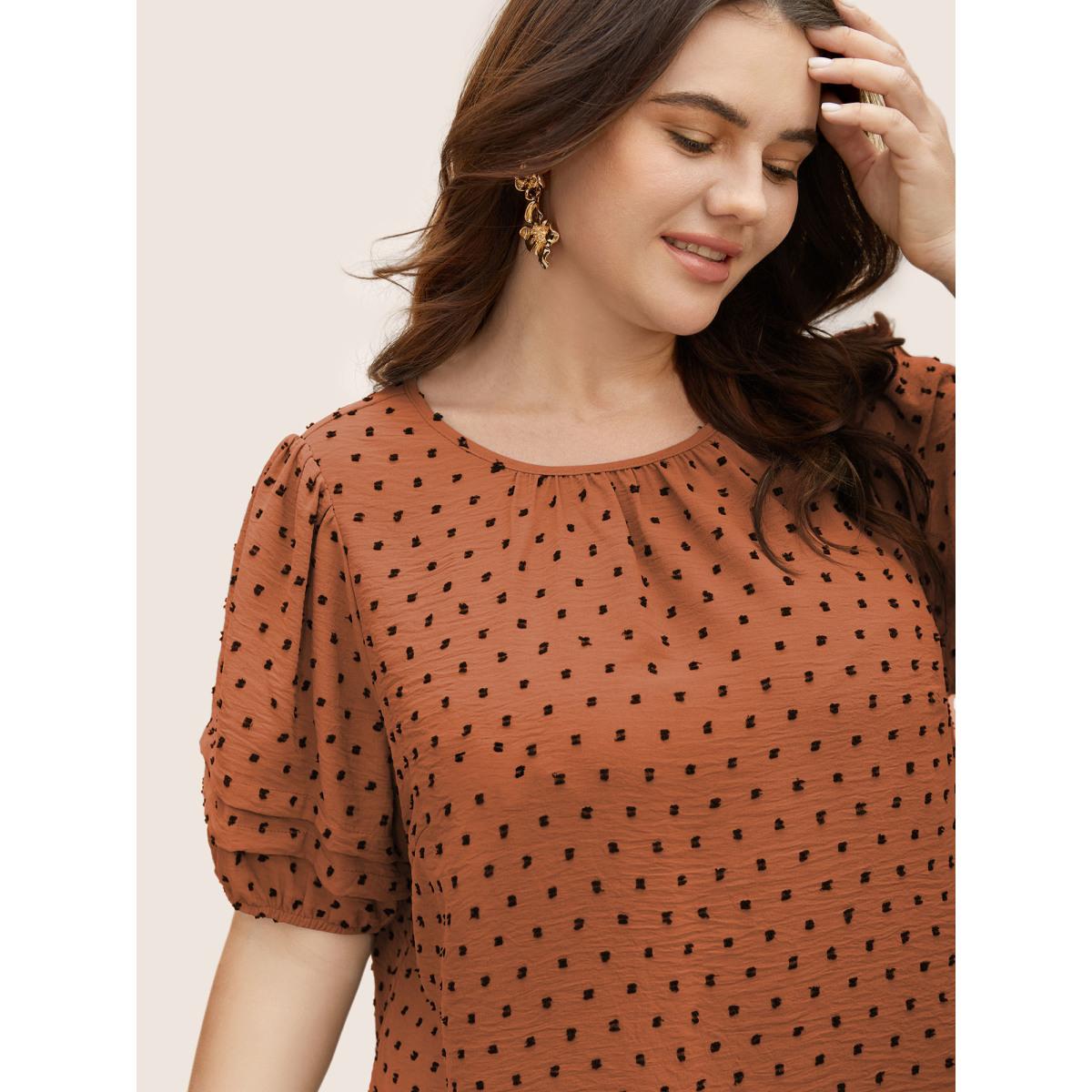 Plus Size Rust Textured Polka Dot Blouse Women Elegant Short sleeve Round Neck Everyday Blouses BloomChic 26/4X Product Image