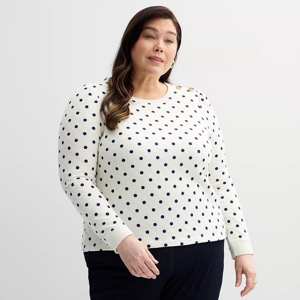 Plus Size Croft & Barrow® Button Shoulder Sweatshirt, Women's, Size: 4XL, Ivory Chic Dot Product Image