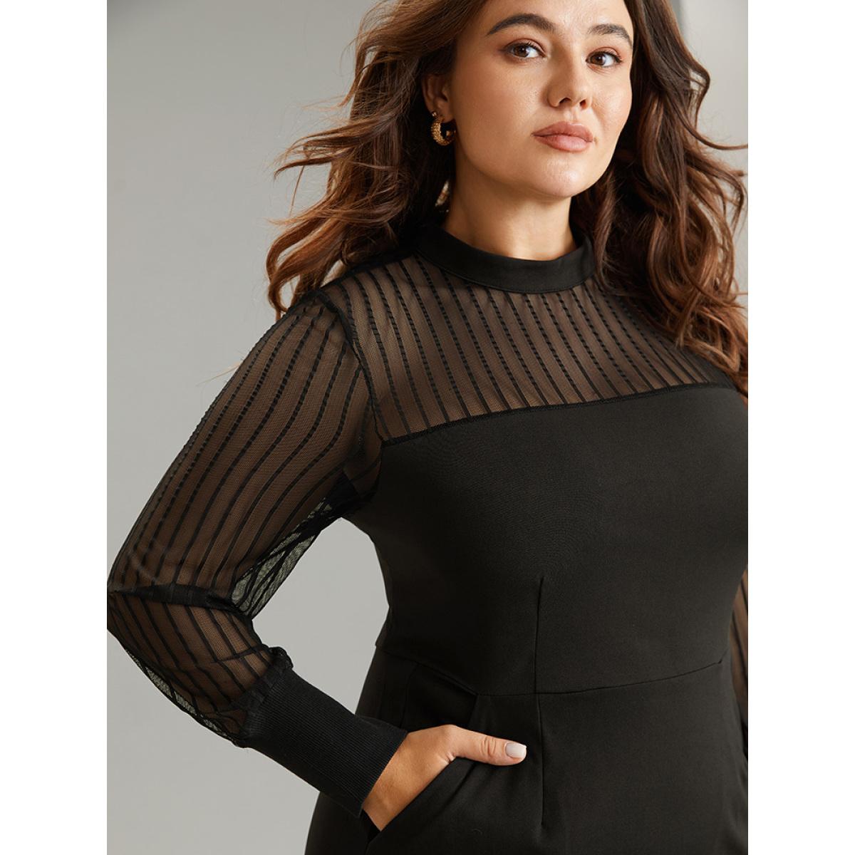 Plus Size Mock Neck Cut Out Patchwork Mesh Dress Black Women Office See through Mock Neck Long Sleeve Curvy Midi Dress BloomChic 26/4X Product Image