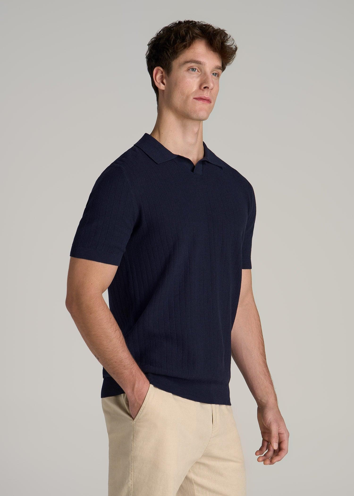 Linen Blend Ribbed Knit Polo Shirt for Tall Men in Stone Male Product Image