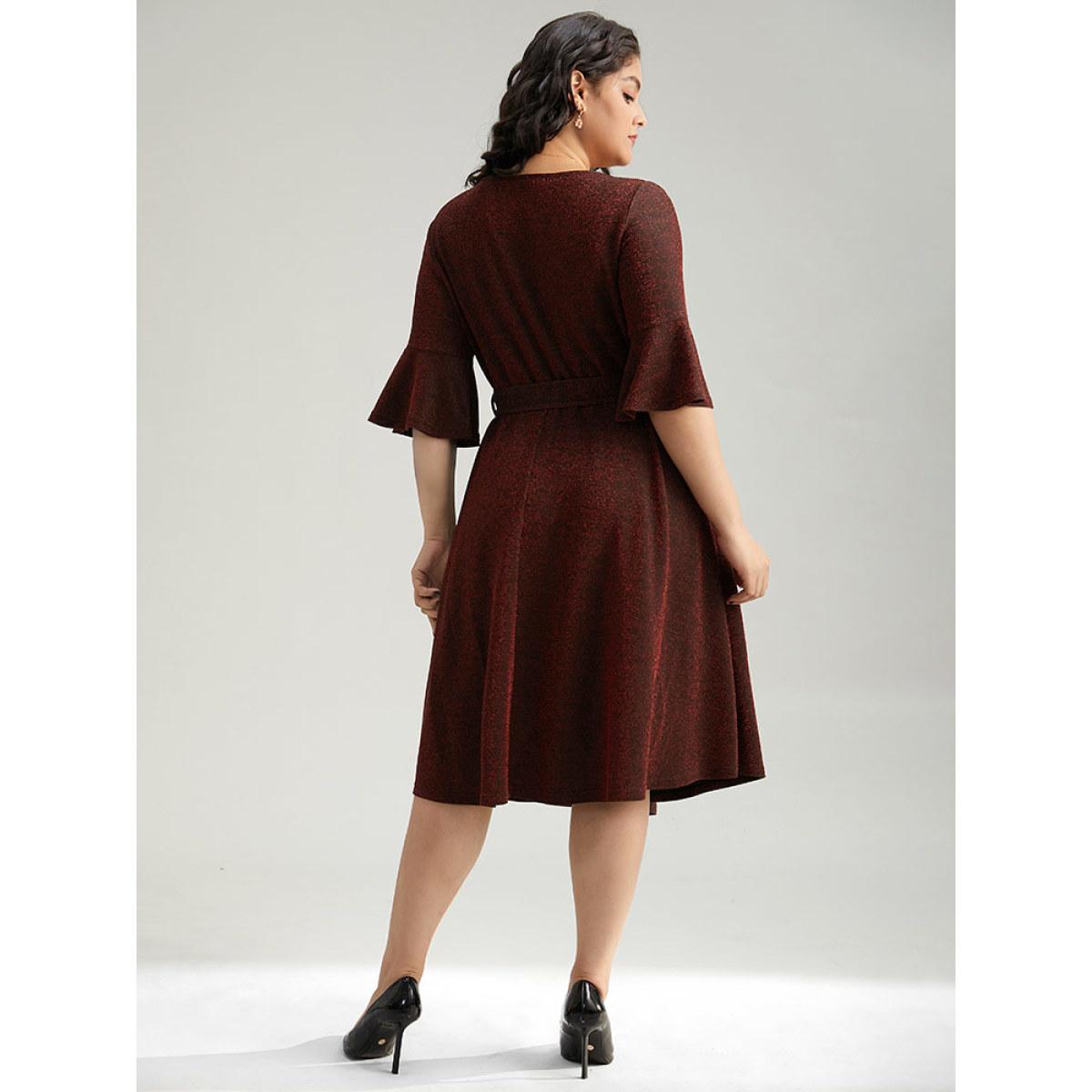 Plus Size Lurex Belted Flutter Sleeve Dress Raspberry Women Elegant Plain Round Neck Elbow-length sleeve Curvy Midi Dress BloomChic 14-16/1X Product Image