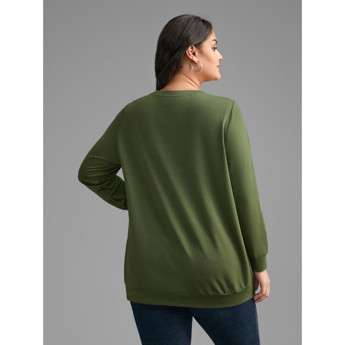 Plus Size Crew Neck Floral Embroidered Sweatshirt Women ArmyGreen Casual Embroidered Loose Round Neck Everyday Sweatshirts BloomChic 12/L Product Image