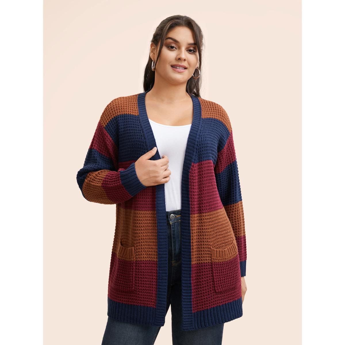 Plus Size Colorblock Contrast Patch Pocket Cardigan Multicolor Women Casual Loose Long Sleeve Everyday Cardigans BloomChic 12/L Product Image