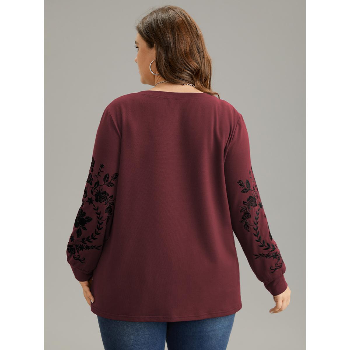 Plus Size Plants Embroidered Elastic Cuffs Crew Neck Sweatshirt Women Burgundy Casual Embroidered Round Neck Everyday Sweatshirts BloomChic 22-24/3X Product Image