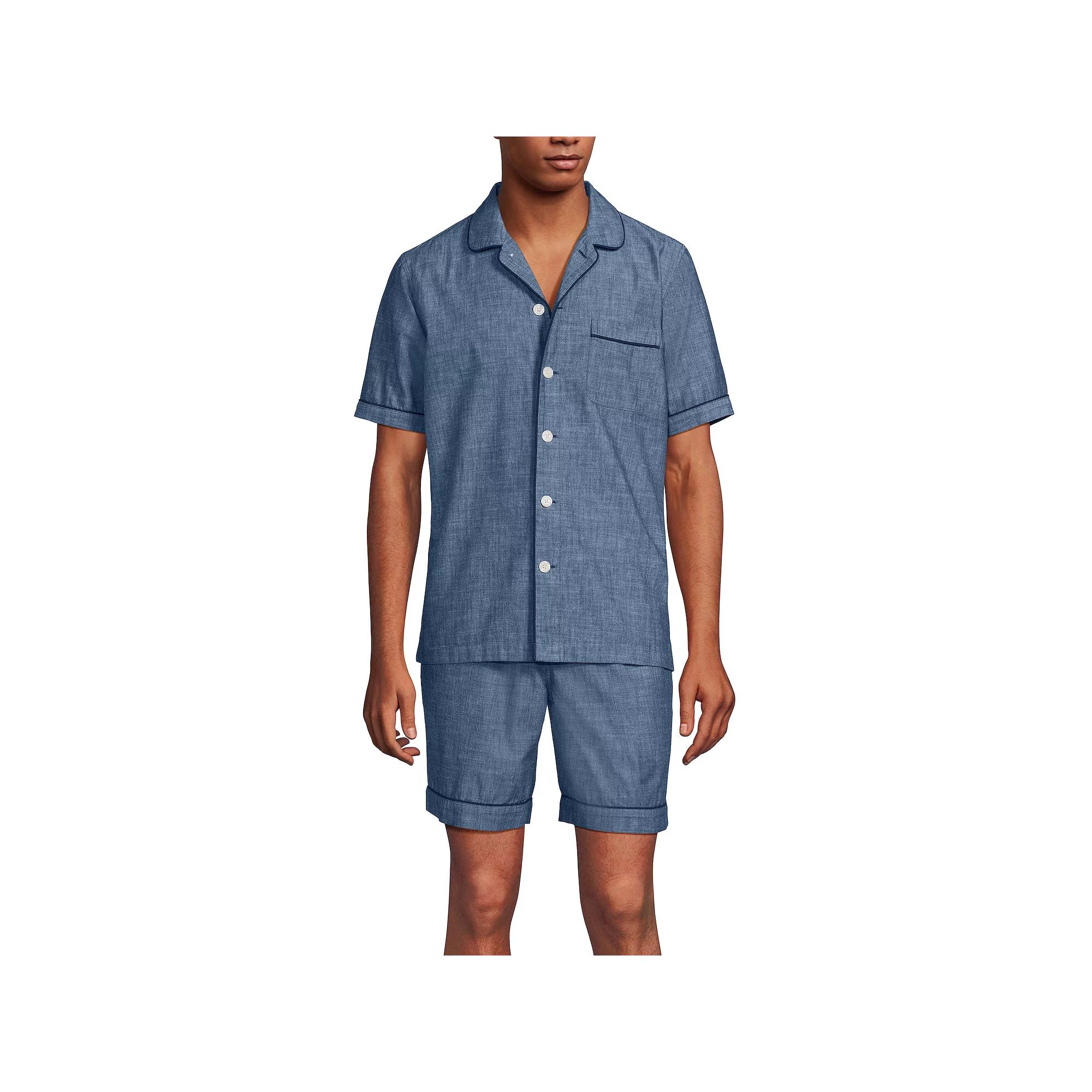 Men's Lands' End Essential Short Sleeve Top & Shorts Pajama Set, Size: Large, Egret White Stripe Product Image