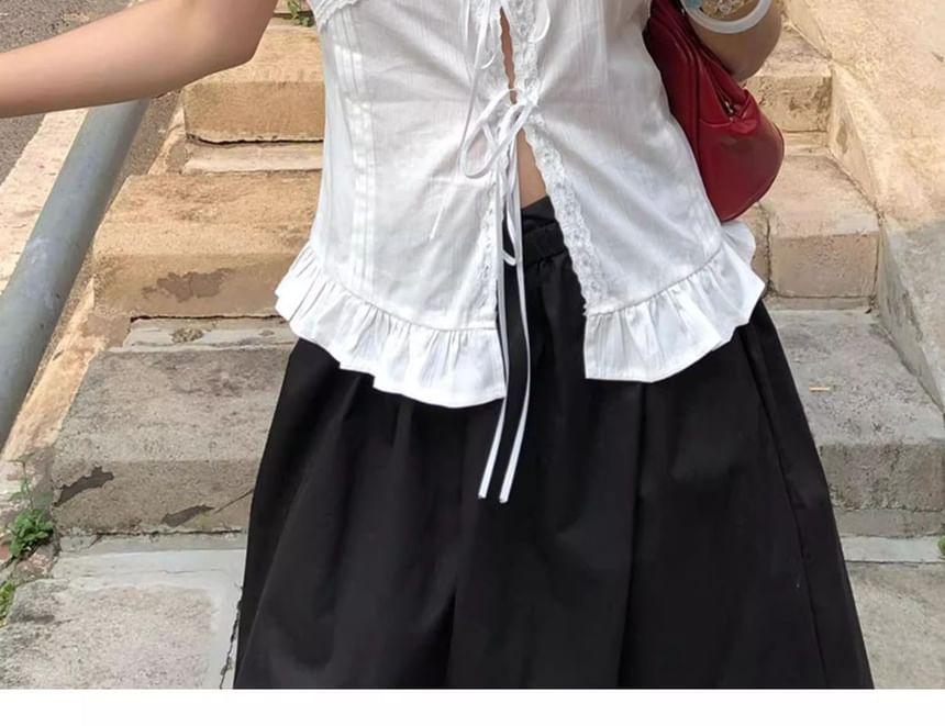 Short Sleeve V-Neck Plain Lace Panel Ruffled Hem Slim-Fit Blouse Product Image