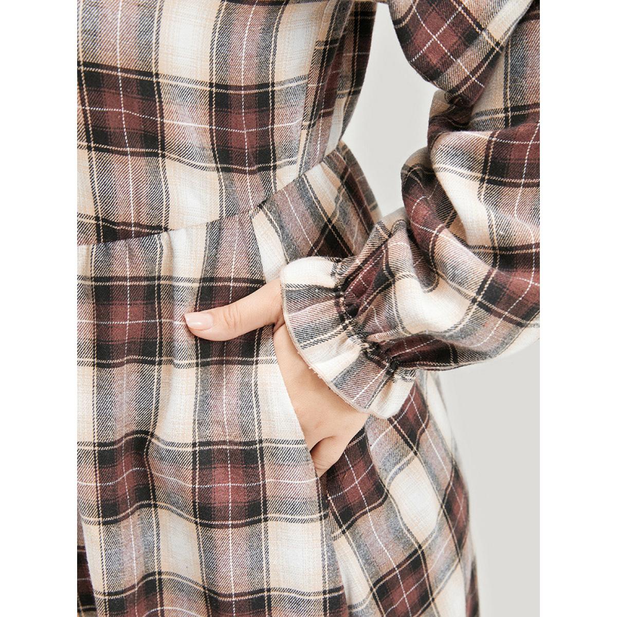 Plus Size Plaid Pocket Keyhole Tie Neck Ruffle Hem Dress LightGray Women Elegant Elastic Waist V-neck Long Sleeve Curvy Midi Dress BloomChic 28/5X Product Image