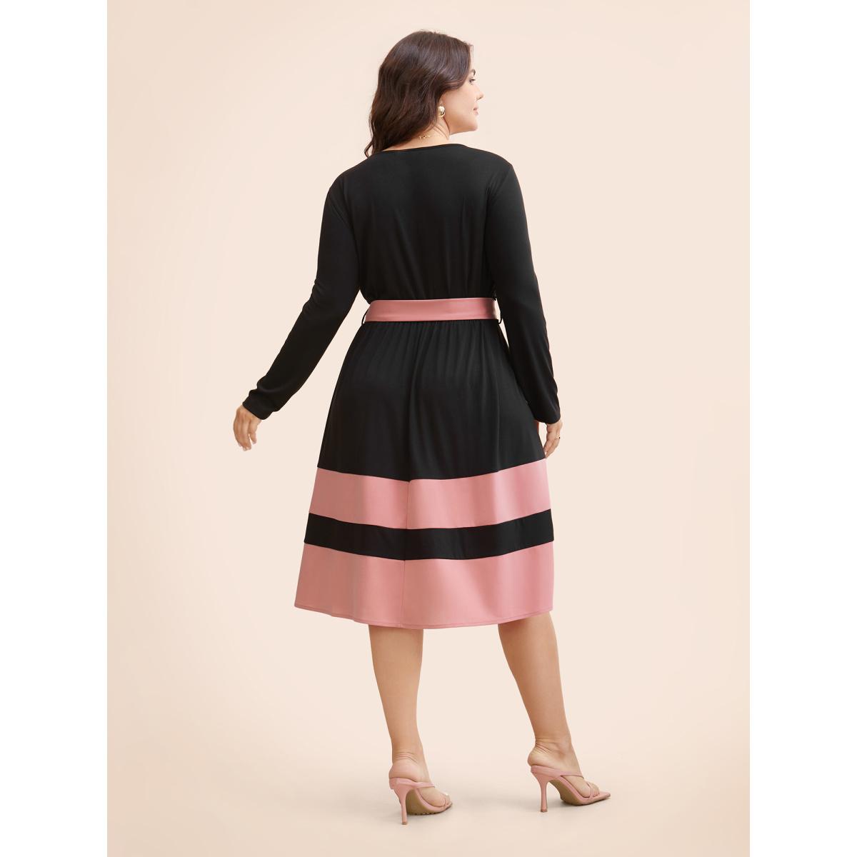 Plus Size Two Tone Belted Bowknot Square Neck Dress Black Women Timeless Non Square Neck Long Sleeve Curvy Knee Dress BloomChic 12/L Product Image