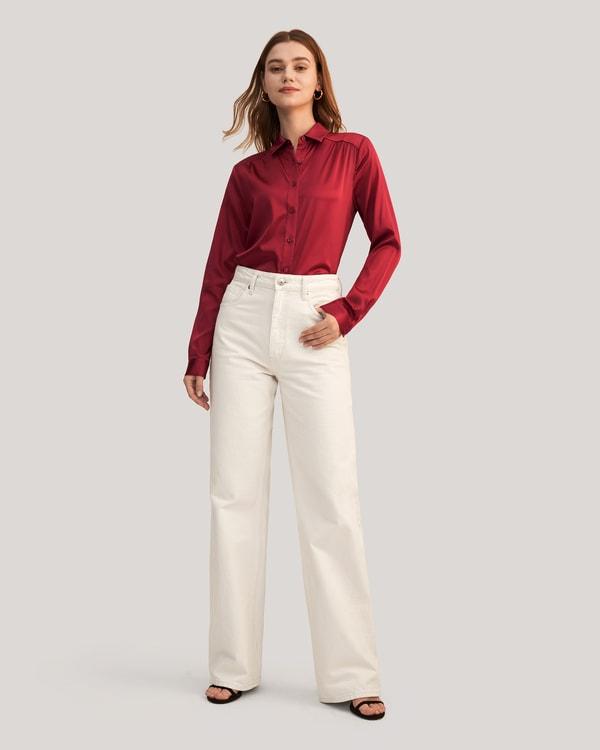 Long Sleeves Collared Silk Blouse Product Image