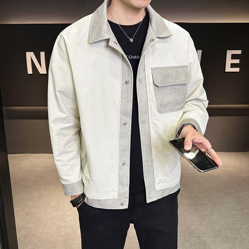 Collared Two Tone Button-Up Denim Jacket Product Image