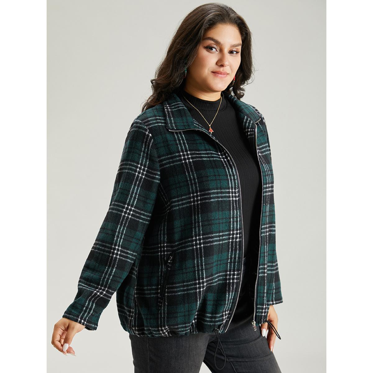 Plus Size Plaid Lapel Collar Pocket Zipper Fly Jacket Women DarkGreen Contrast Pocket Dailywear Jackets BloomChic 28/5X Product Image