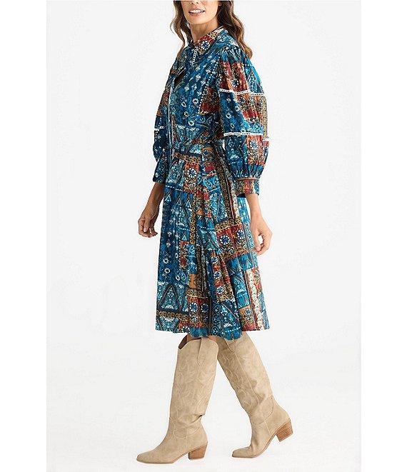 Talisman Castella Patchwork Button Down Collar Long Sleeve Belted Blouson Midi Dress Product Image