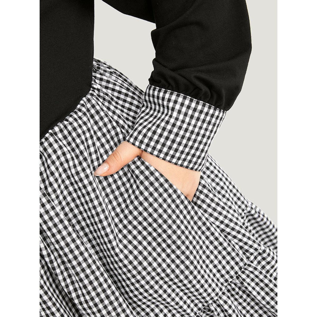 Plus Size Notched Drawstring Gingham Patchwor Dress Black Women Casual Patchwork Notched collar Long Sleeve Curvy Midi Dress BloomChic 18-20/2X Product Image