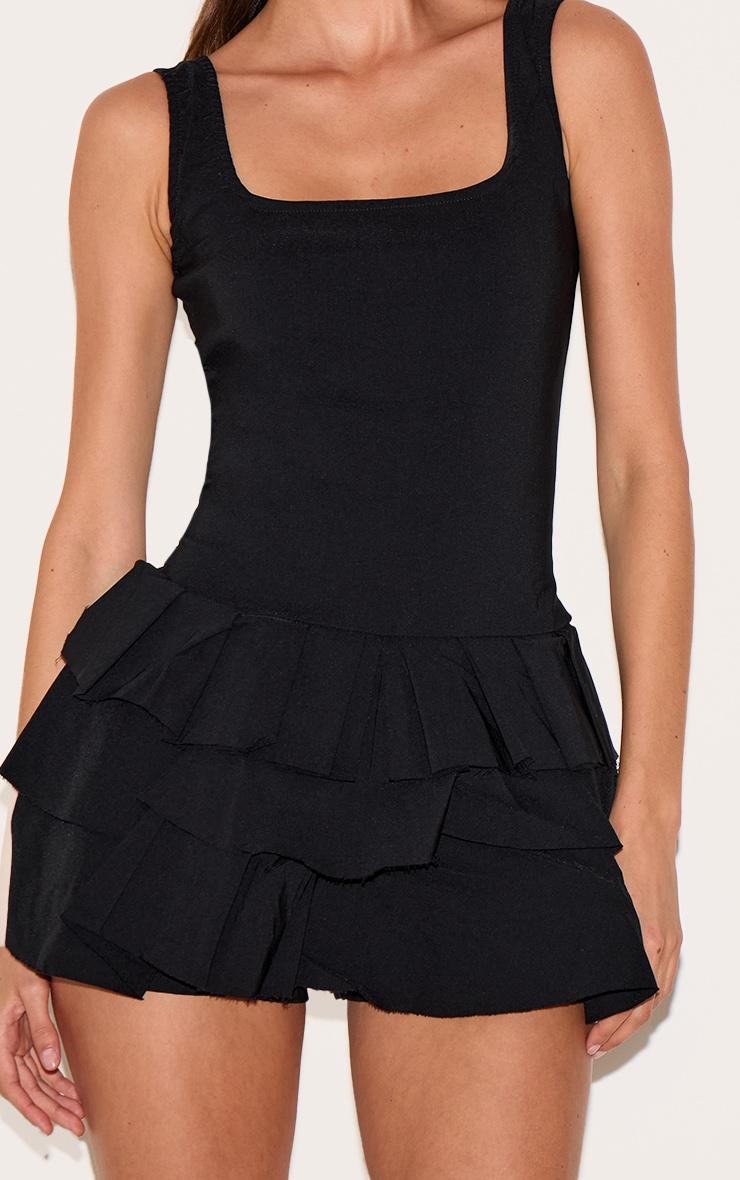 Black Stretch Woven Pleated Skort Romper Product Image