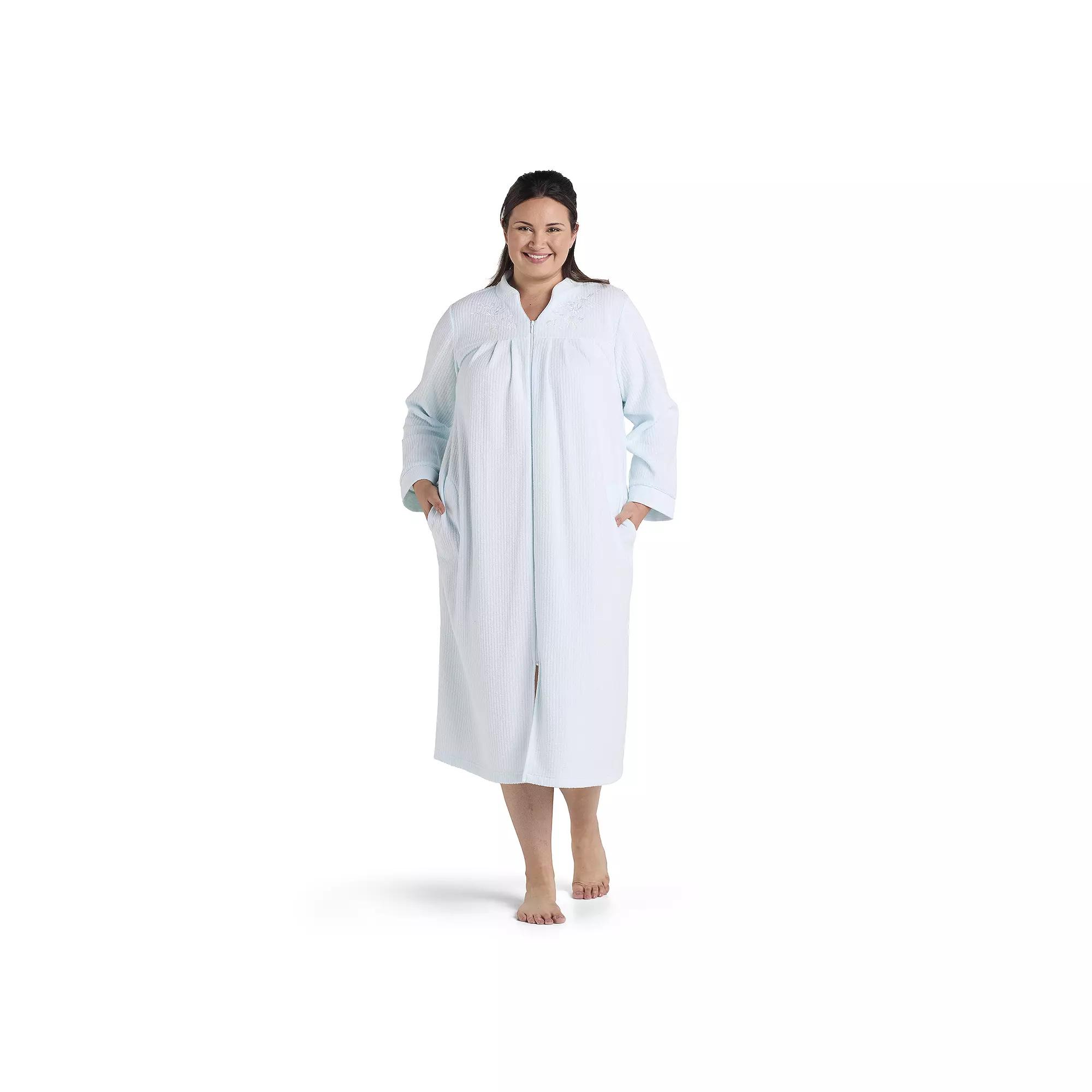 Plus Size Miss Elaine Essentials Brushed Back Terry Long Zip Robe, Women's, Size: 3XL, Green Product Image