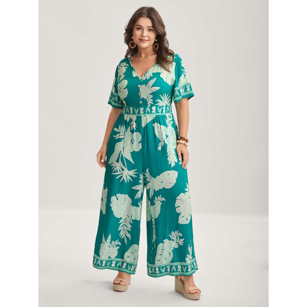 Plus Size LightGreen Rayon Tropical Leaf Button Detail Breezy Jumpsuit Women Resort Short sleeve V-neck Vacation Loose Jumpsuits BloomChic 28/5X Product Image
