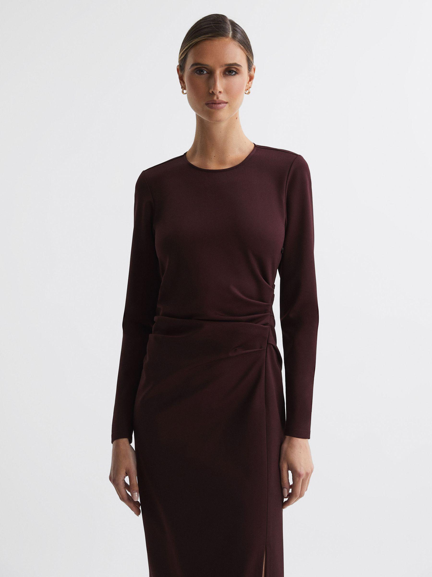 Ruched Bodycon Midi Dress in Burgundy Product Image