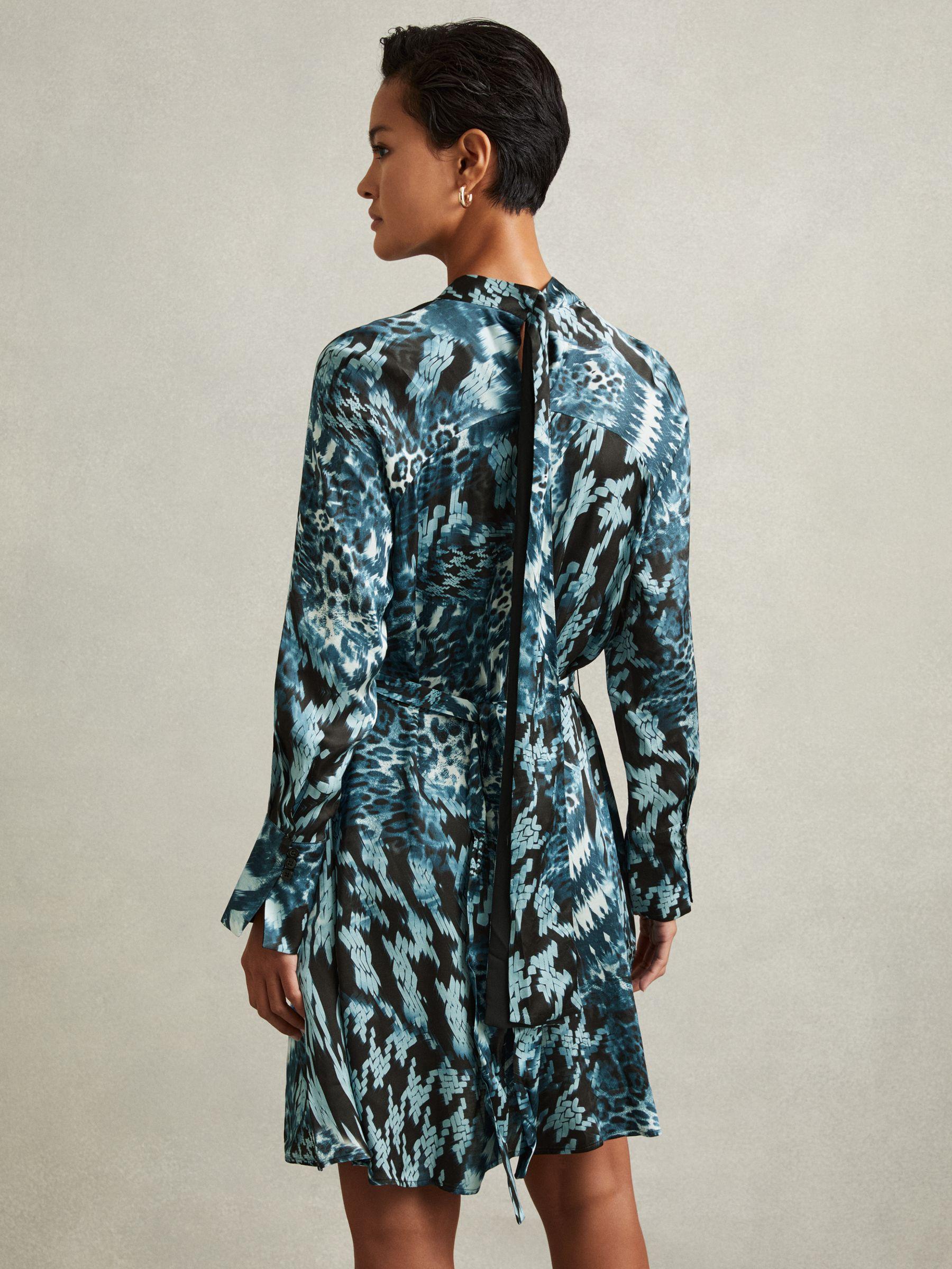 Ester Teal Printed Belted Tie Neck Mini Dress Product Image