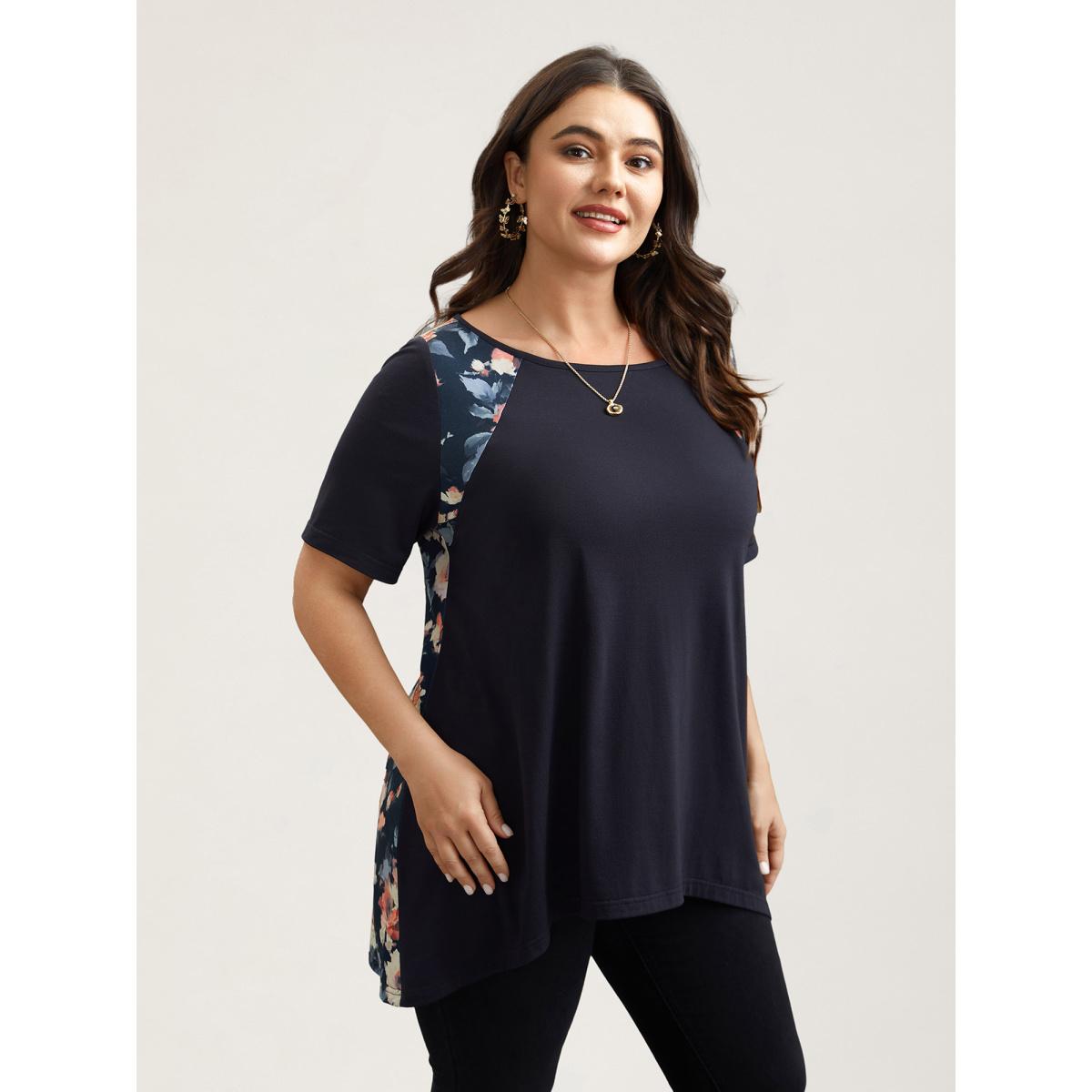 Plus Size Round Neck Floral Print Patchwork Half Sleeve T-Shirt Midnight Women Elegant Contrast Natural Flowers Boat Neck Loose Everyday T-shirts BloomChic 22-24/3X Product Image
