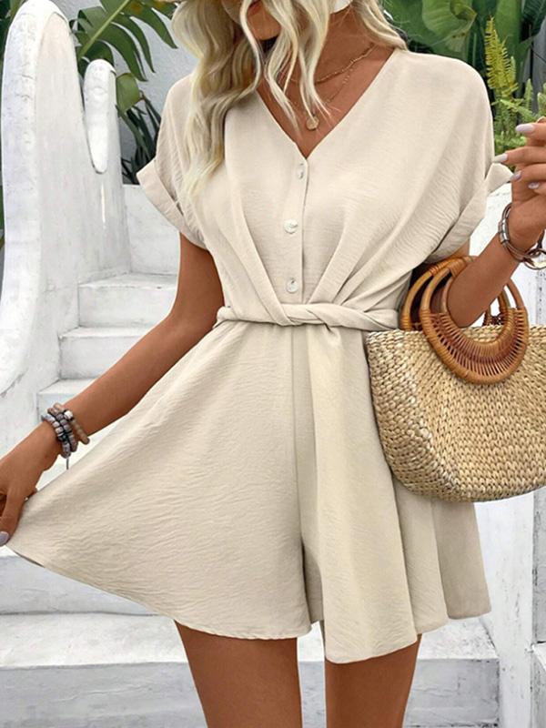 Loose Raglan Sleeve Pleated Solid Color Split-Joint V-Neck Rompers Product Image
