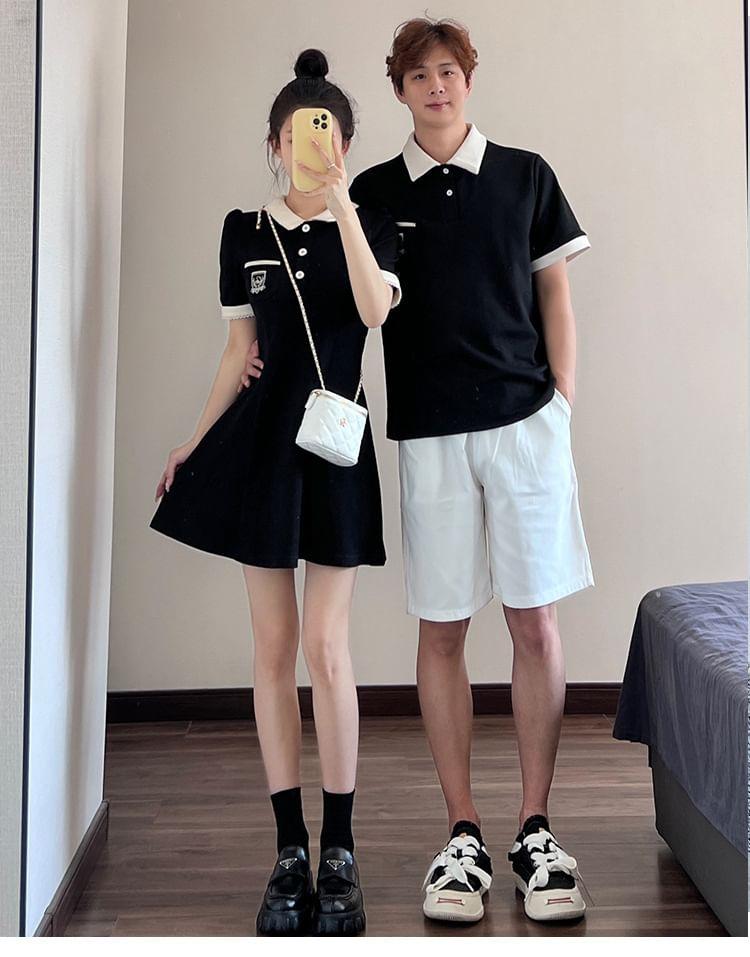 Couple Matching Short-Sleeve Collar Logo Contrast Trim Mini A-Line Dress / Polo Shirt / Mid Rise Plain Shorts Product Image