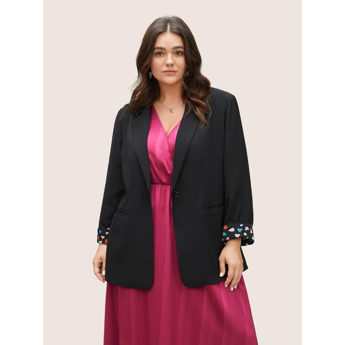 Plus Size Colour Heart Lined Suit Collar Pocket Blazer Black Women Work Heart Print Non Sleeve Long Sleeve Suit Collar 10/M Double-flap pocket At the Office Blazers BloomChic Product Image