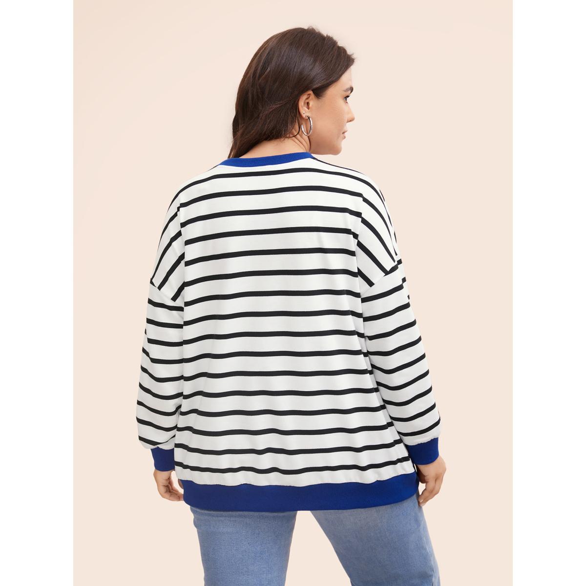 Plus Size Striped Contrast Trim Stitch Sweatshirt Women Black Casual Topstitching Round Neck Everyday Sweatshirts BloomChic 14-16/1X Product Image