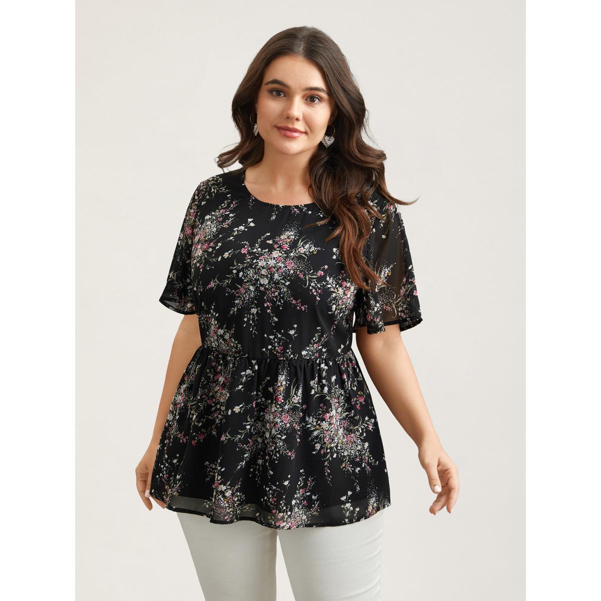 Plus Size Black Floral Print Stretchy-Waist Lined Shirt Women Elegant Short sleeve Round Neck Everyday Blouses BloomChic 12/L Product Image