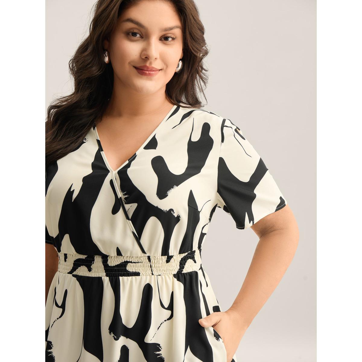 Plus Size Geometric Print Surplice Neck Midi Dress Black Women Overlap Collar Short sleeve Curvy BloomChic 10/M Product Image