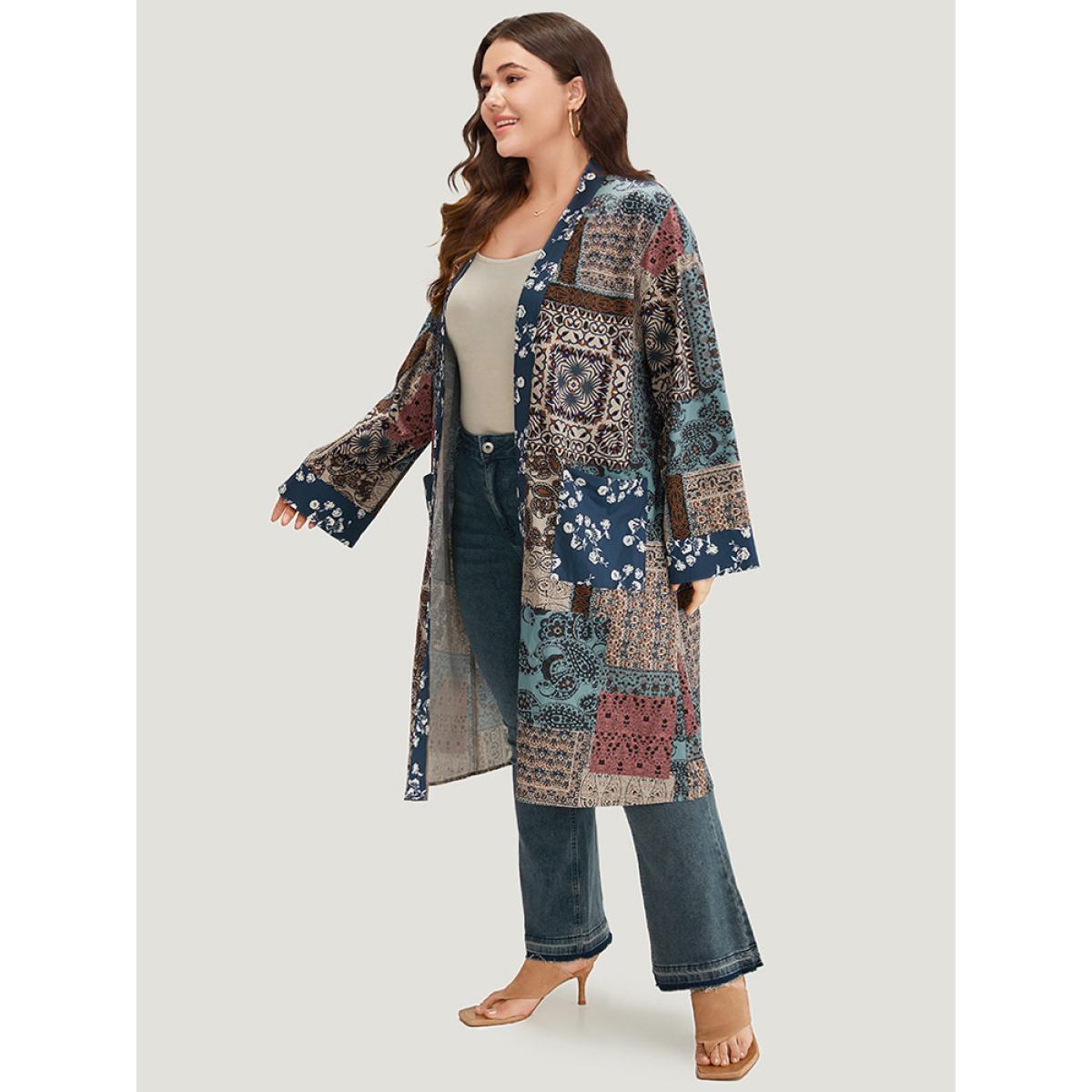 Plus Size UltraCool Bandana Open Front Patched Pocket Kimono Women Multicolor Casual Printed Loose Pocket Dailywear Kimonos BloomChic 26/4X Product Image