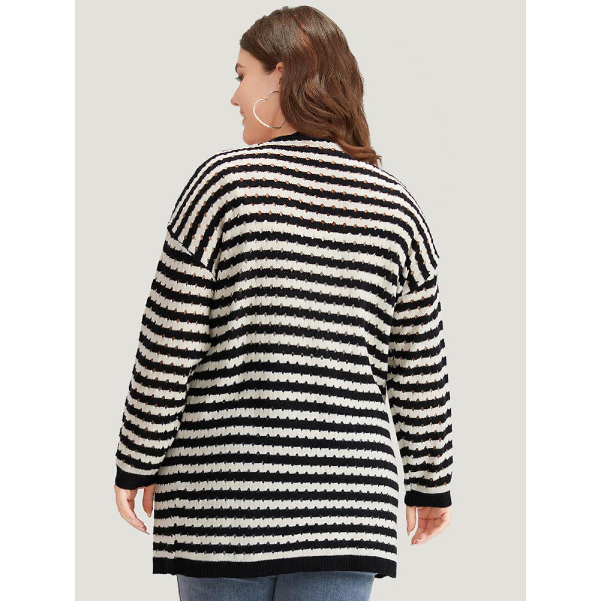 Plus Size Striped Geo Eyelet Drop Shoulder Cardigan Black Women Casual Loose Long Sleeve Dailywear Cardigans BloomChic 22-24/3X Product Image