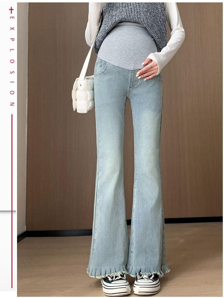 Maternity Elastic Waist Fray Flared Jeans Product Image