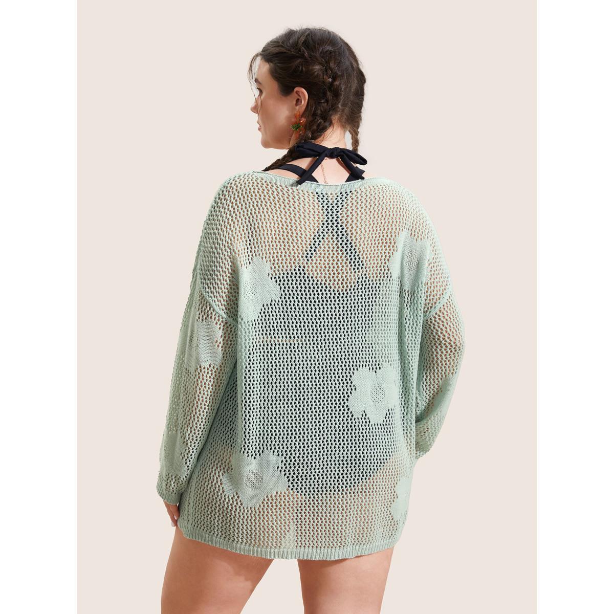 Plus Size Flowers Drop shoulder sleeve Swim Cover Up Women's Swimwear LightGreen Beach Loose Texture Curve Swim Cover Ups BloomChic 18-20/2X Product Image