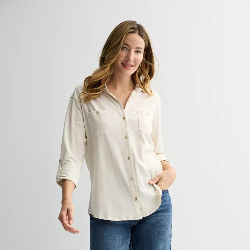 Petite Sonoma Goods For Life® Collared 3/4 Sleeve Button Down Shirt, Women's, Size: Large Petite, Oat Grey Product Image