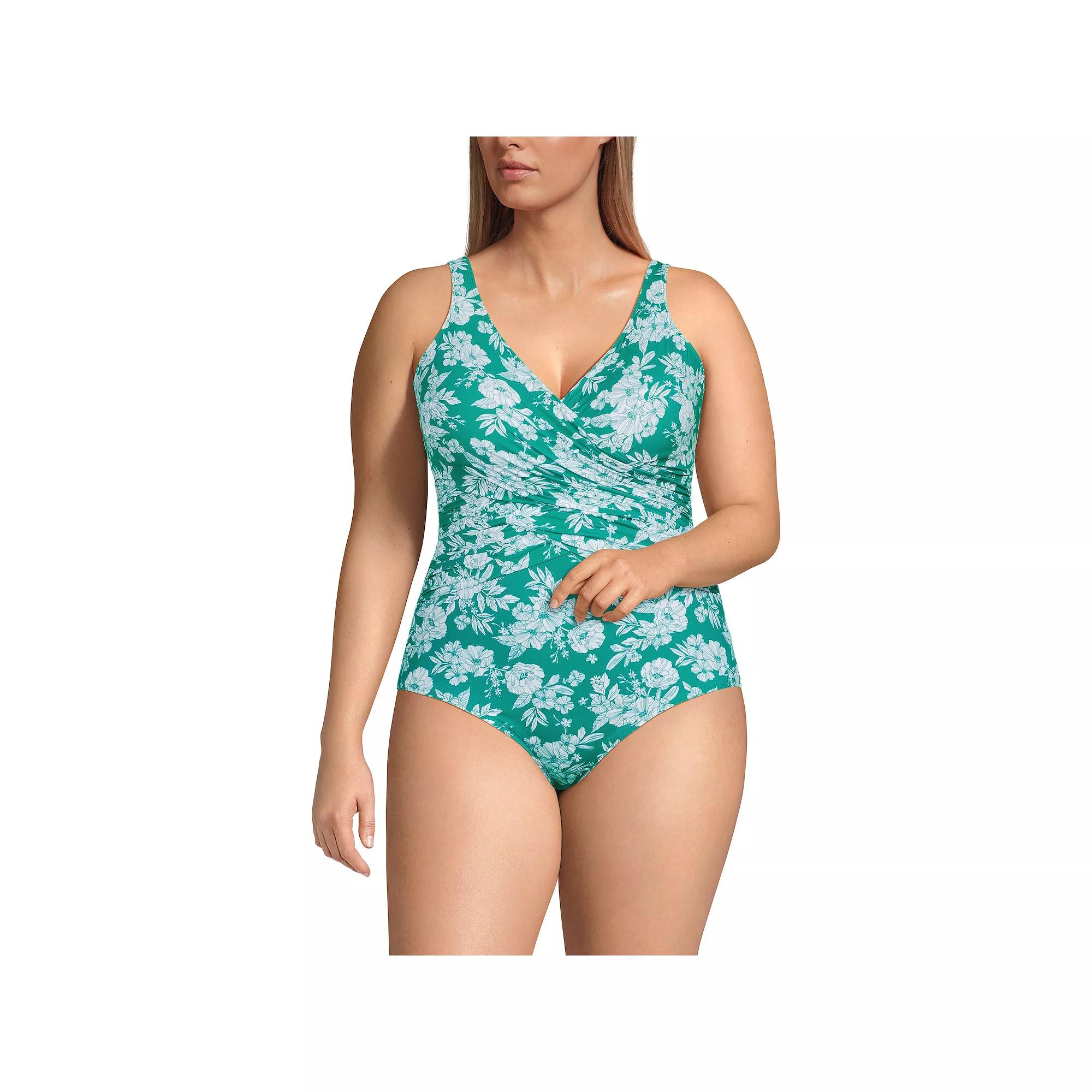 Plus Size Lands' End SlenderSuit Tummy Control Surplice One-Piece Swimsuit, Women's, Size: 20 W, Green White Floral Product Image