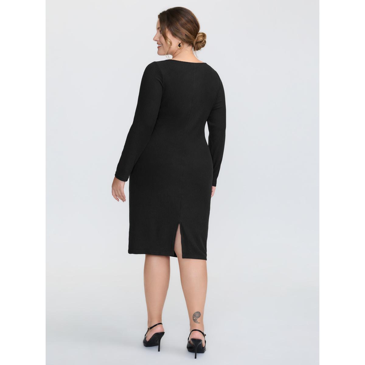 Plus Size Stretchy Round Neck Lace-Up Midi Dress Black Women Timeless Wraparound straps Boat Neck Long Sleeve Curvy BloomChic 18-20/2X Product Image