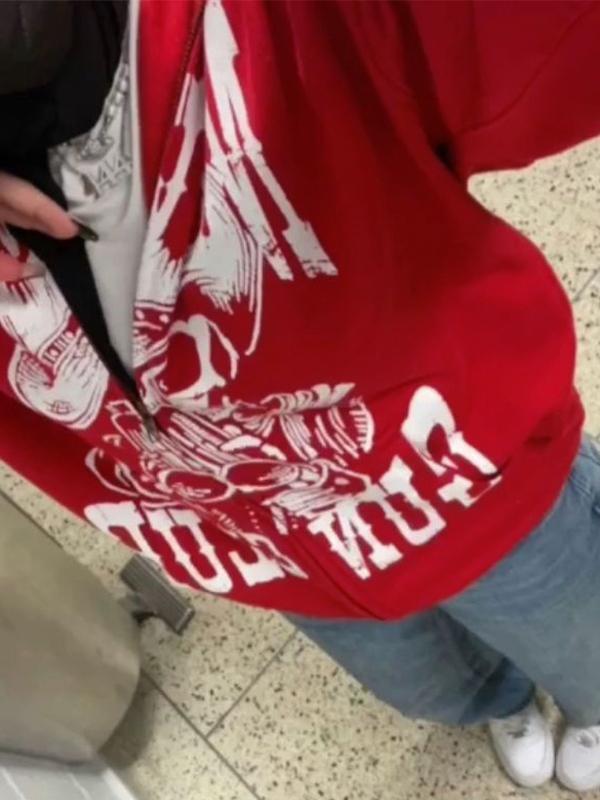 Red Vintage Print Zip Up Oversized Hoodie Product Image