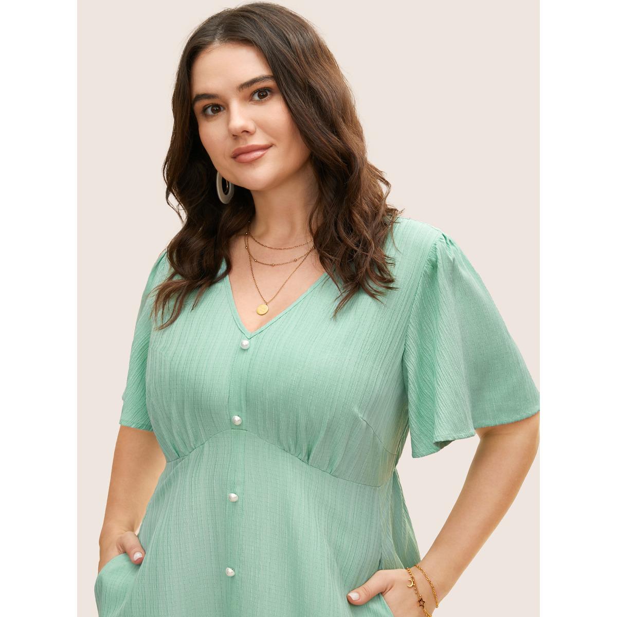 Plus Size V Neck Button Detail Flutter Sleeve Dress Mint Women Elegant Texture V-neck Short sleeve Curvy BloomChic 18-20/2X Product Image