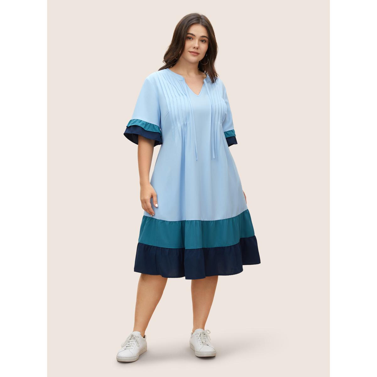 Plus Size Colorblock Contrast Tie Knot Ruffles Dress DarkBlue Women Casual Tucked seam Notched collar Half Sleeve Curvy BloomChic 12/L Product Image